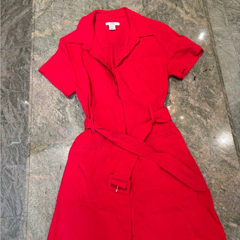 Halston Linen Red Belted Shirt Dress